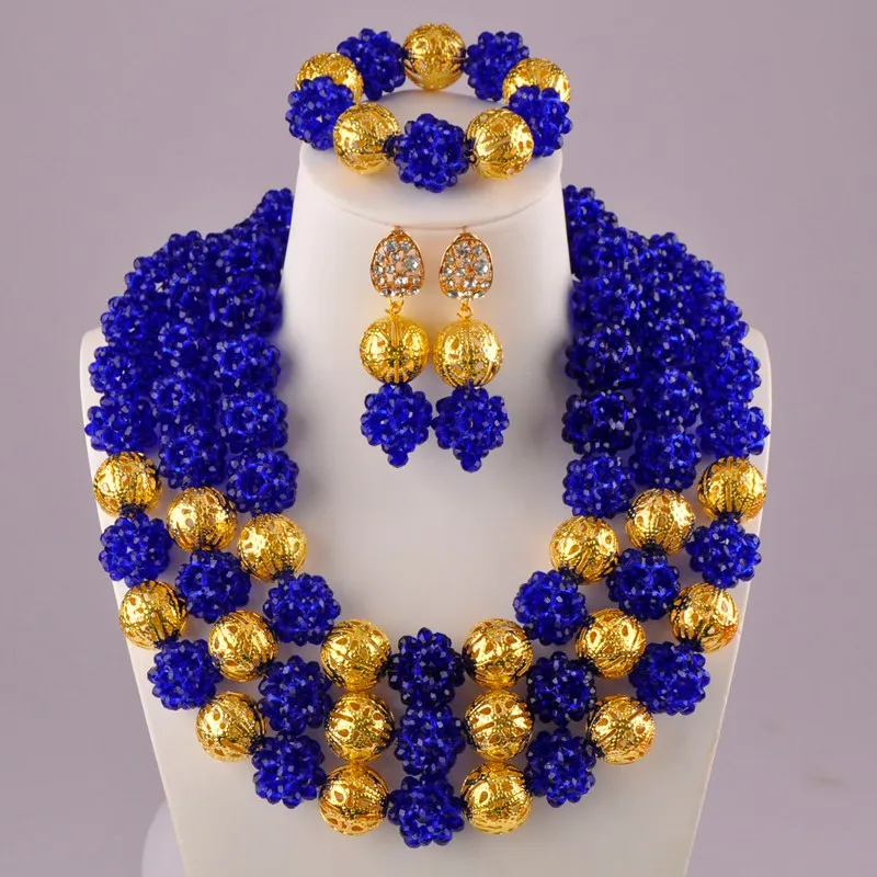 Royal Blue Фиолетовый и серебряный хрустальный шар Африканский бисер комплект ювелирных изделий нигерийское свадебное ожерелье свадебные ювелирные наборы - Окраска металла: Royal Blue