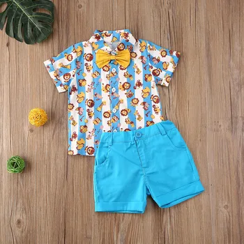 

Boys Clothing Set Shirt Cartoon Animal Print Shorts Set Short Sleeve Bow Tie Shirt + Shorts Formal Boys Clothes