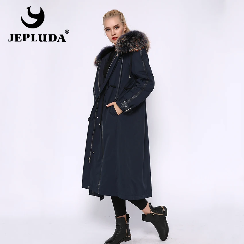 

JEPLUDA Latest Model long Real Fur Parka Hooded Large Fox Fur Liner Full Pelt Rabbit Fur Winter Coat Women Thick Warm Fur Jacket