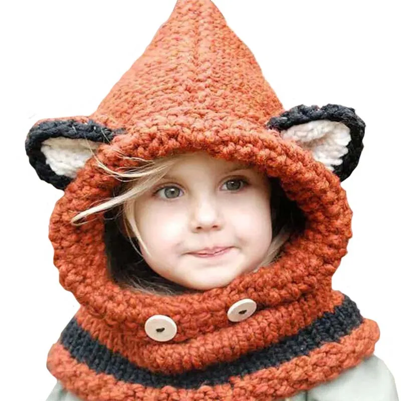 

Winter Wool Knitted Hat Kids Fox Ears Handmade Hat Scarf Sets Children Girls Scarves Warm Thick Windproof Baby Cartoon Shawl