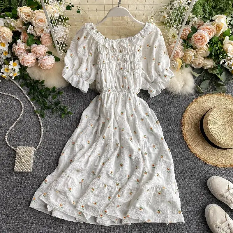 SINGRAIN Women Ruched Ruffle Dress Korean Puff Sleeve Slash Neck A Line Dress Summer Vacation Casual Print Floral Dress 2020