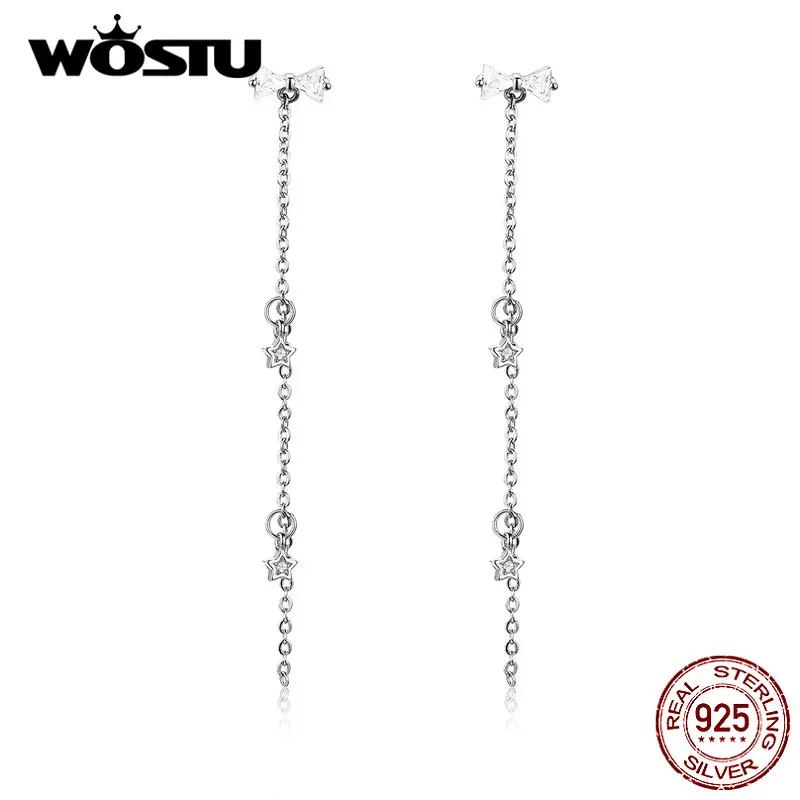WOSTU настоящие 925 пробы серебряные серьги с бантами Новинка бабочка узел длинные кисточки серьги для женщин Горячая Распродажа CQE791