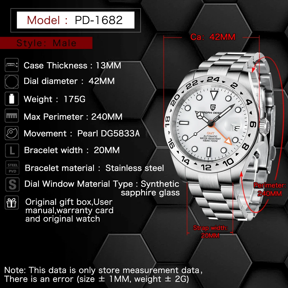 2021 PAGANI Design New Men's Automatic Mechanical Watches GMT Watch 42mm Sapphire Stainless Steel Waterproof Watch Reloj Hombre