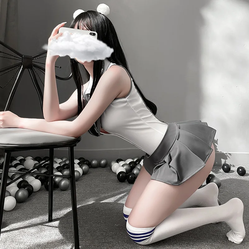 Sexy Lingerie Cheer Learder Cosplay Costumes One Piece Bodysuit Teddy With Mini-Skirt Sailor Moon Outfit Gray White Erotic Set