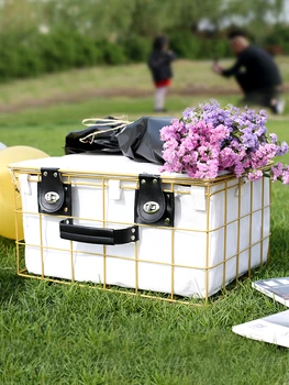 

Outdoor Picnic Basket, Wrought Iron Ins Basket With Cover Insulation Waterproof Fruit Snacks Receive Basket Tubas Shopping Baske