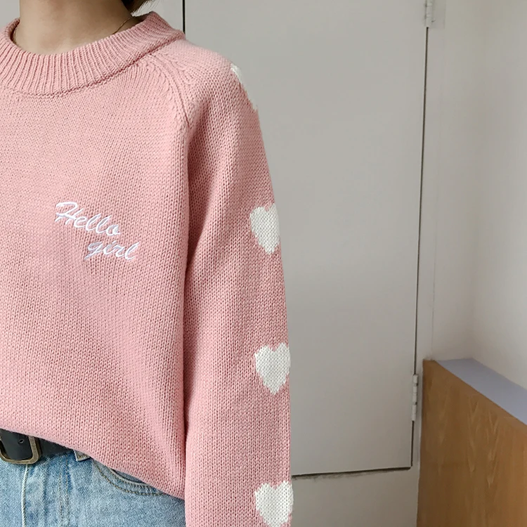Harajuku Модный хлопковый женский свитер, милый студенческий вязаный свитер с вышитыми буквами Love, осенне-зимний женский свитер, пальто