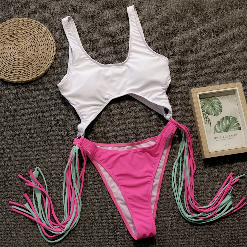 Women Sport Swimsuits Women Swim Dresses Women Bodysuits One Pieces Swimwear Tassel High Cut Biquinis Hollow Out Monokini