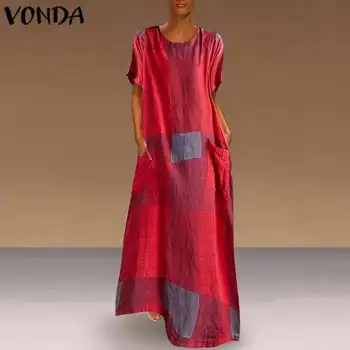 

Plus Size Patchwork Dress Women's Sundress Sundress 2020 VONDA Vintage Casual Maxi Dress Tunic Vestidos V Neck Solid Robe Femme