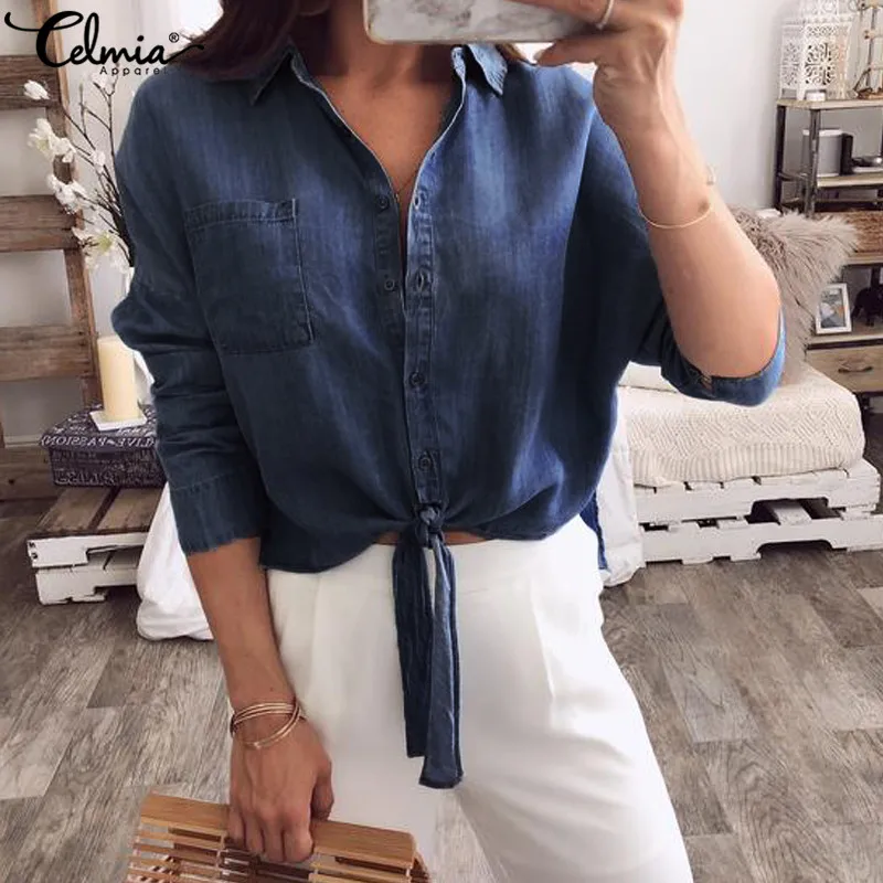 

Plus Size Tops Celmia Women Denim Blouses 2019 Autumn Long Sleeve Buttons Casual Shirts Loose Female Knotted Blusas Femininas