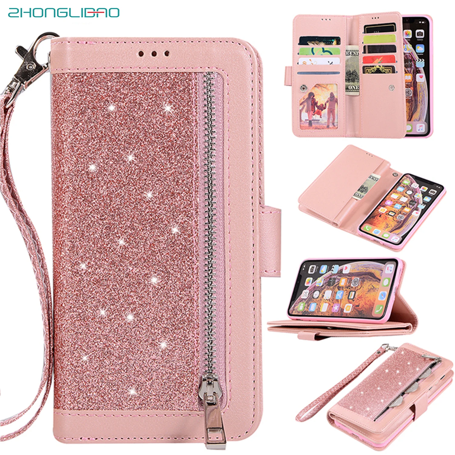 

Luxury Leather Wallet Flip Case For iPhone 11 Pro Xs Max X Xr 7 8 6 6s Plus Bling Zipper Card Holder Cover Mujer 11Pro max coque