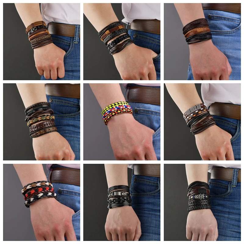 

2019 Boho Bracelet Set Vintage Adjustable Leather Bracelets Set For Man Women Rope Chain Multiple Layers Charm Bracelet Jewelry