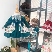 5 шт., осенне-зимнее весеннее зеленое бархатное винтажное бальное платье принцессы в стиле испанской Лолиты, платье со штанами и шляпой для девочек на день рождения