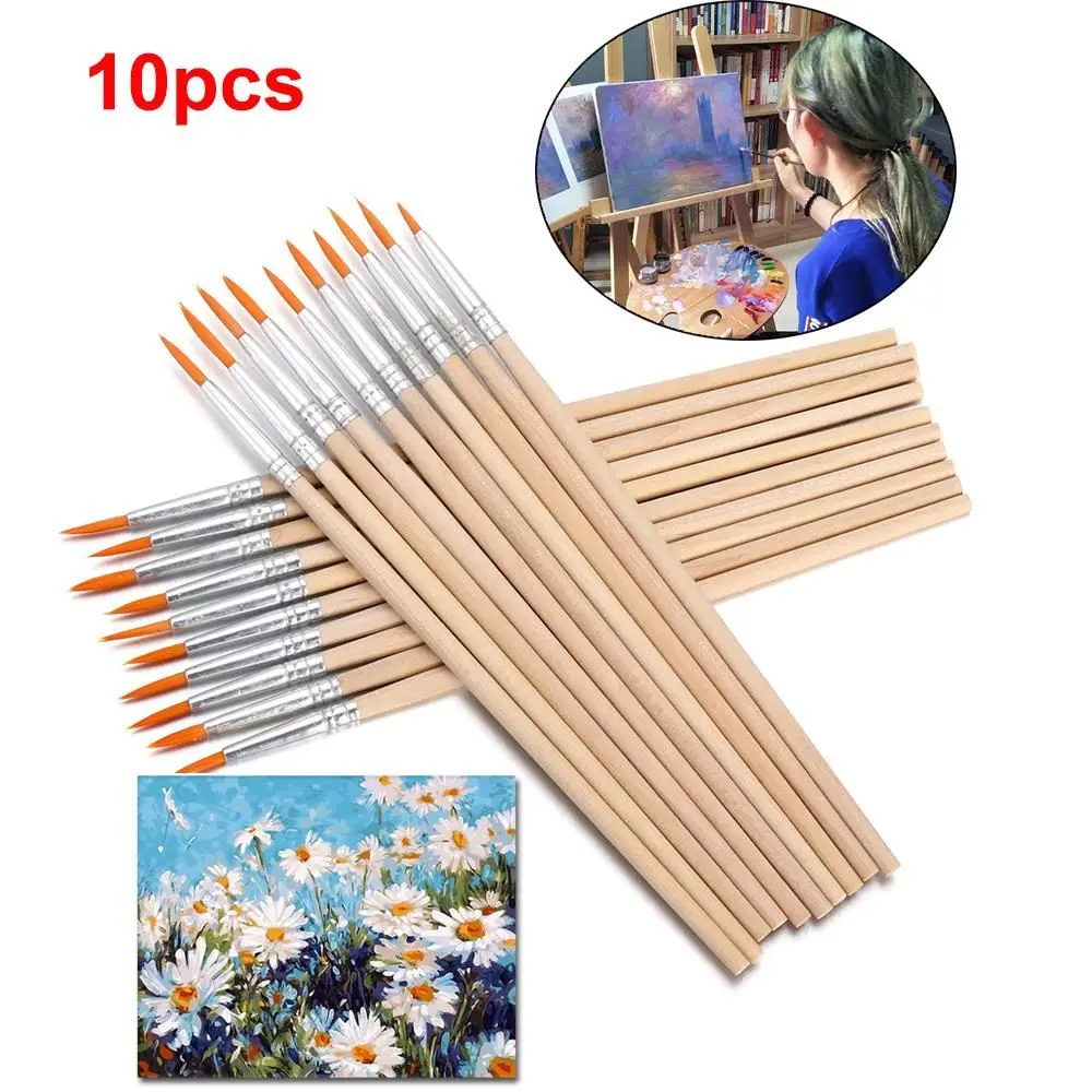 flat/tip Nylon Hair Wooden Handle Hook Line Pens Paint Brushes Watercolor Brush Drawing Brush Calligraphy Supplies 10Pcs/set