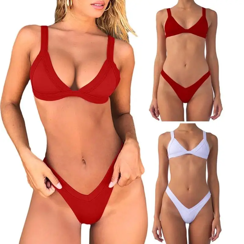 

Women Summer Deep V Pants Bathing Suit Bikini High Elastic Split Swimsuit