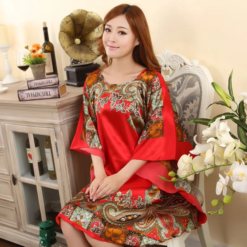 

Hot Sale Red Size Female Faux Silk Bath Robe Gown Summer Lounge Looose Sleepwear Print Nightdress Women Sexy Nightgown