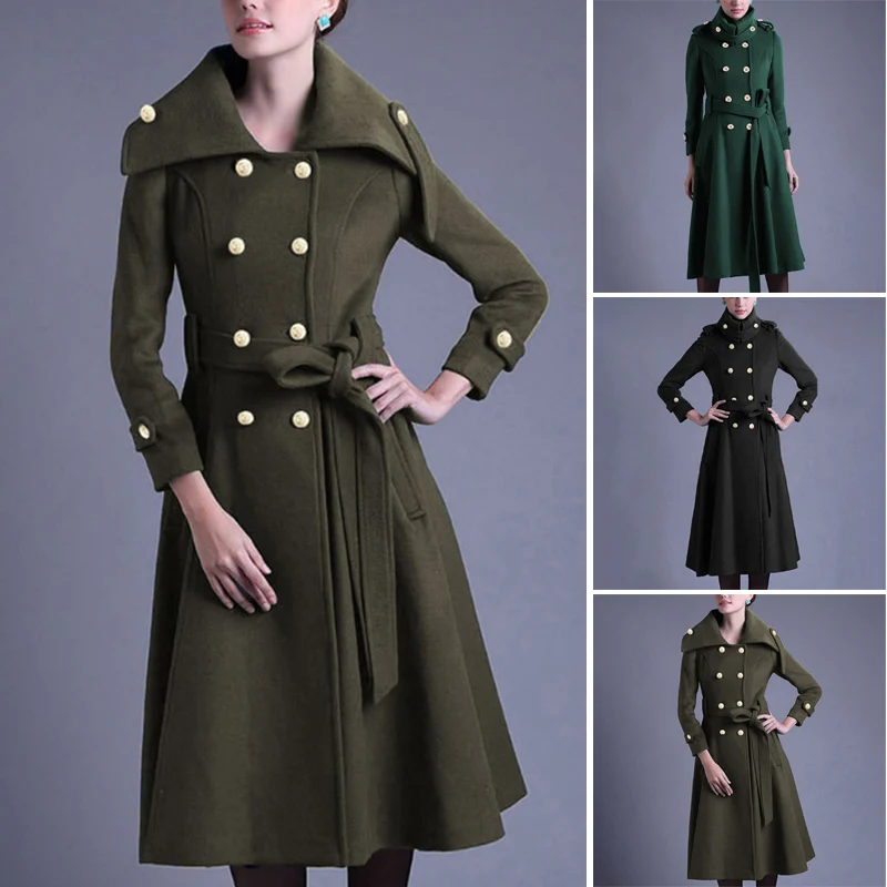 Women coat Winter Elegant Slim Lapel Overcoat fashion retro pure color long Coat Double-breasted lace up belt jacket lady fall