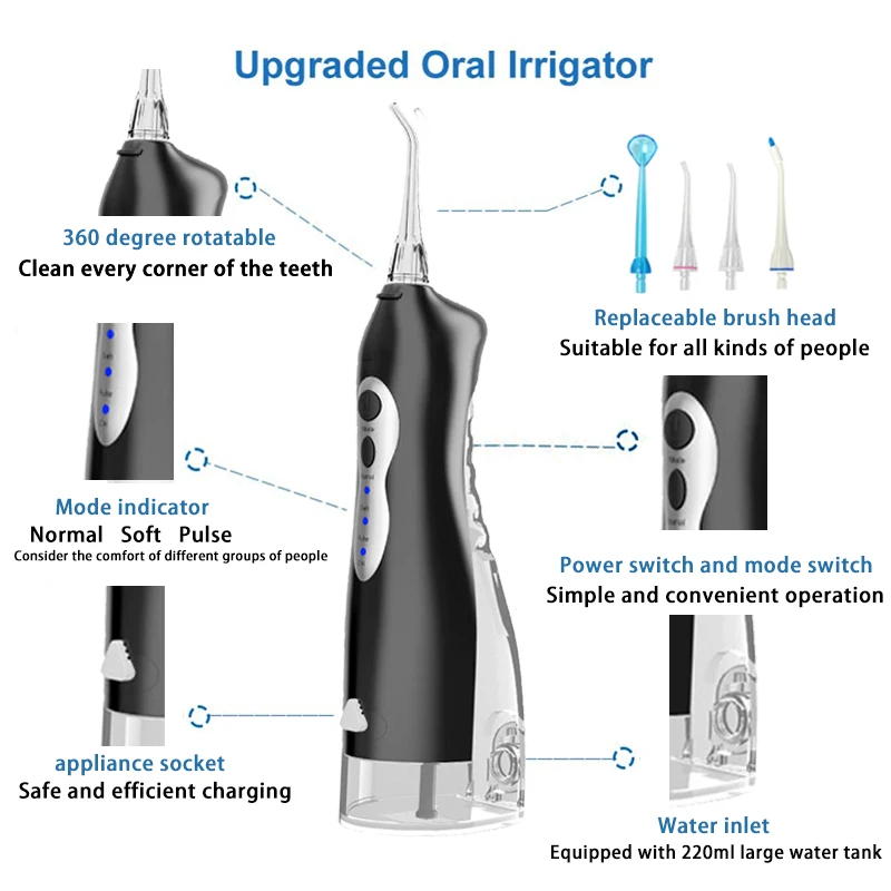 Oral Irrigator USB Rechargeable Water Flosser Portable Dental Water Jet IPX7 Water Tank Waterproof Teeth Cleaner +5 Nozzles