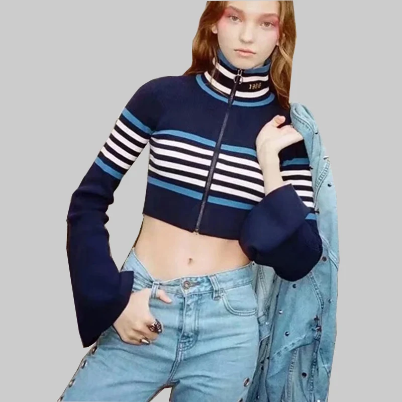 

Herfst Knitwear Vrouwelijke Vest Streetwear Streep kasjmier trui rits womens truien coltruien voor vrouwen mode trui