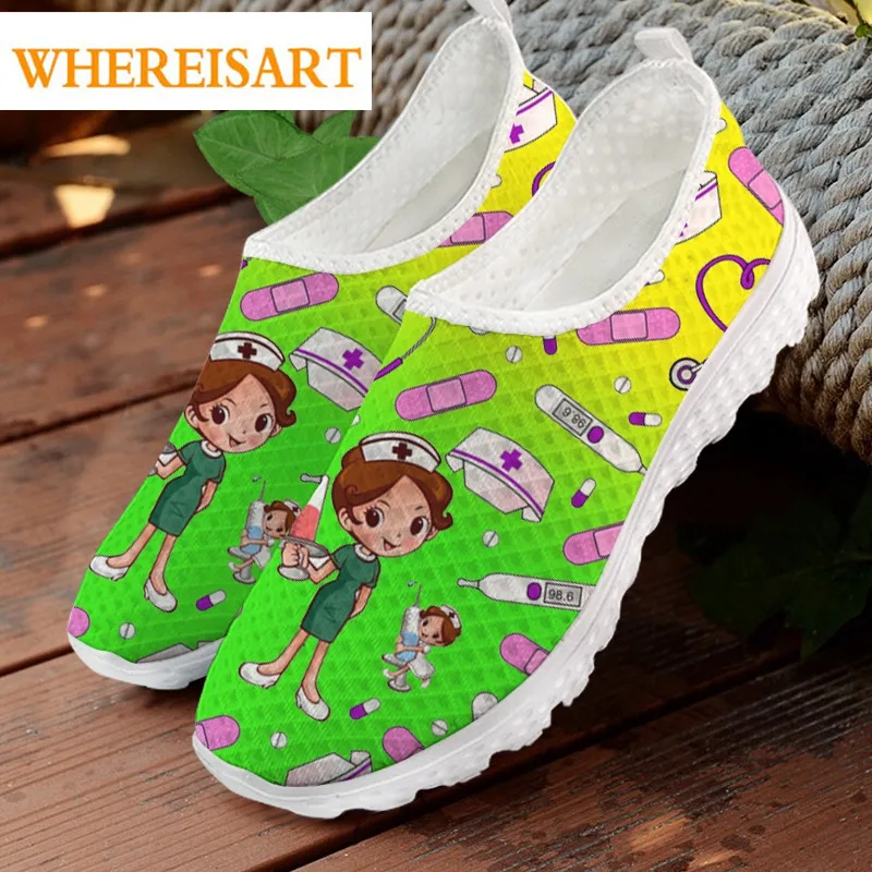 

WHEREISART Funny 3D Cartoon Nursing Shoes for Women Gradient Green Yellow Ladies Slip On Sneakers Casual Summer Female Footwear