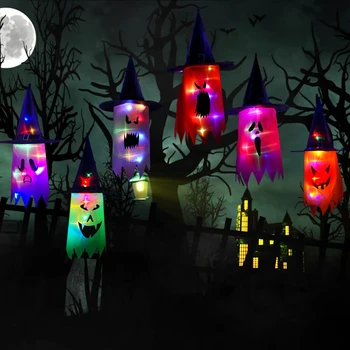 Halloween Decoration LED Flashing Light Gypsophila Ghost Festival Dress Up Glowing Wizard Ghost Hat Lamp Decor Hanging Lantern tanie i dobre opinie CN (pochodzenie) NONE Halloween Hanging Glowing Ghost Polyestor Hanging Witch Luminous LED Hat Pendant as shown in the picture