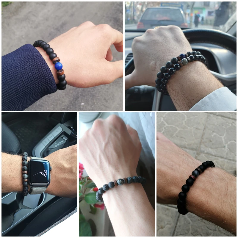 Men Bracelet Natural Black Onyx Stone Beads Tibetan Buddha Bracelet Chakra Lava Stone Diffuser Bracelets Men Jewelry Adjustable
