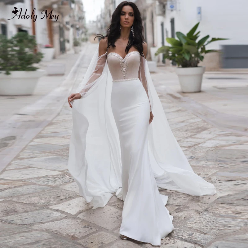 

Adoly Mey New Arrival Charming Scoop Neck Backless Satin Mermaid Wedding Dresses 2020 Luxury Appliques Beaded Trumpet Bride Gown