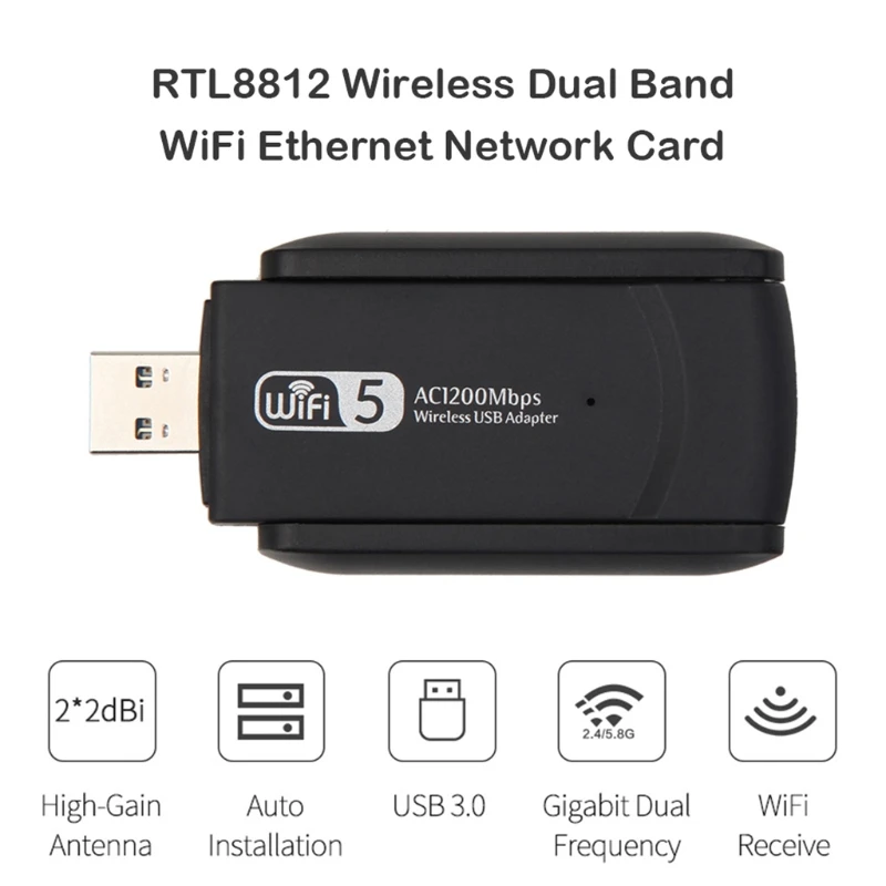 

RTL8812 Wireless Dual Band 2.4G 5.8G WiFi Ethernet Adapter 1200Mbps Network- Card with Dual Antenna USB3.0 Receiver for Computer