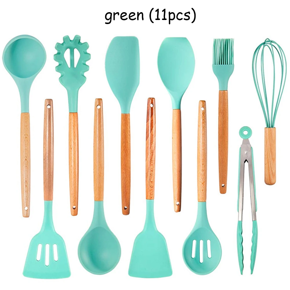 Силиконовые кухонные принадлежности набор жаростойких кухонных принадлежностей с антипригарным покрытием инструменты для выпечки с ящиком для хранения - Цвет: green  11PCS