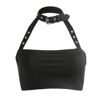 

Women Tube Tops Sexy Black Gothic Cool Punk Style Slim Halter Plain Hot Sale Club Goth Female Fashion Punk Hip Hop Wrap Chest