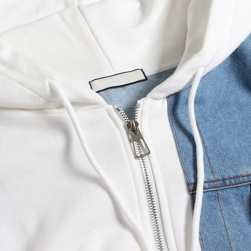 TWOTWINSTYLE Patchwork Denim Hooded Sweatshirt