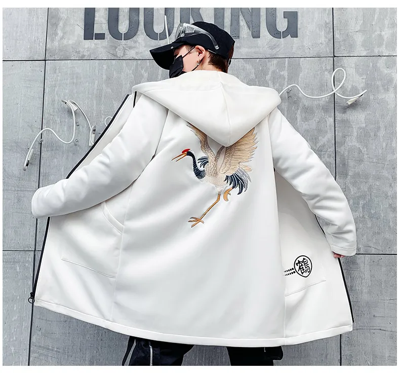 Зимний мужской плащ в китайском стиле с вышивкой журавля Harajuku, ветровка, мужская повседневная верхняя одежда в стиле хип-хоп, уличная одежда, пальто