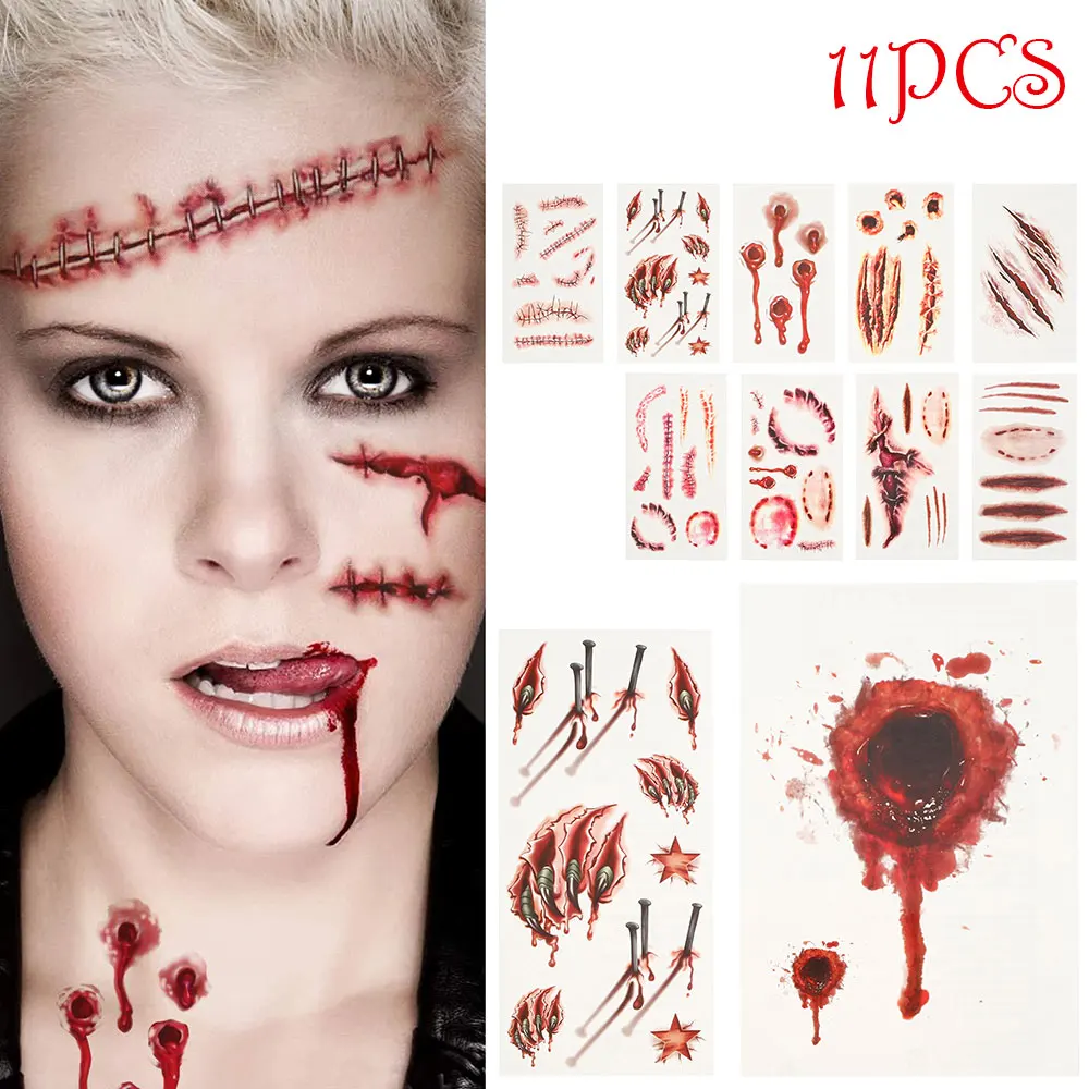 11pcs Halloween Zombie Scars Tattoos with Fake Scab Blood Makeup Wound Scary Injury Sticker Party Decoration | Дом и сад