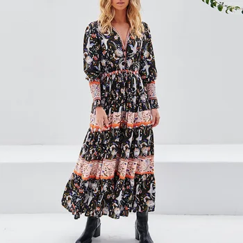 

Bohemian retro-national style printing waist dress and long skirt