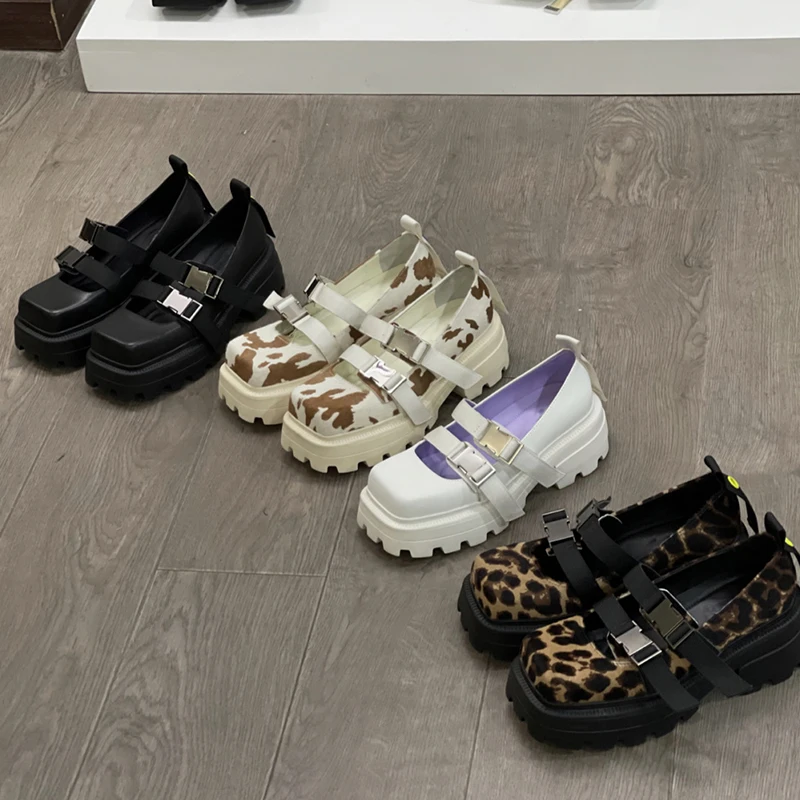 FONBERRY Mixed Colors Cow Pattern Chunky Platform Mary Janes Shoes 