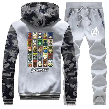 

The Avengers Sweatshirts Raglan Hoodie Mens Camouflage Winter Jacket Marvel Casual Coat Thick Suit Hooded+Sweatpants 2 Piece Set