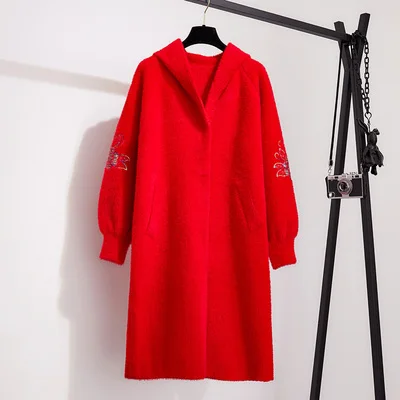 Red Long Высококачественный искусственный норковый кардиган, женский свитер на осень и зиму, короткое пальто с капюшоном, модные кардиганы с блестками, вязаные свитера - Цвет: Red Long