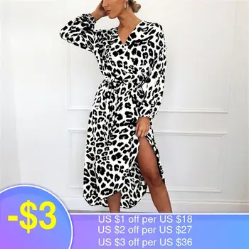 Vestido de Otoño de leopardo de chifón largo para la playa, suelto, manga larga, cuello de pico profundo, Sexy, Fiesta, 2021