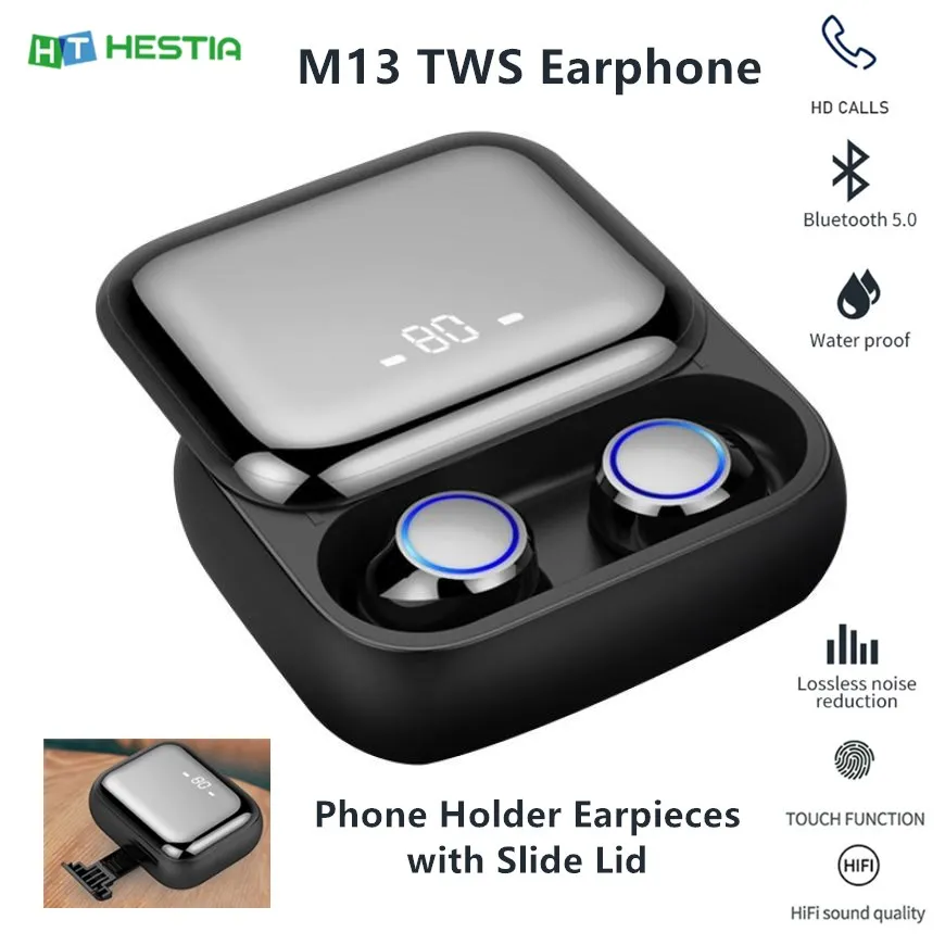 M13 TWS Bluetooth 5 0 HiFi 3D Sound Earphone Large Capacity Bluetooth Headset Phone Holder Waterproof Earpieces with Slide Lid