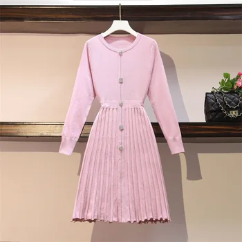 

HAMALIEL M-4XL Plus Size Women Sweater Dress Spring Pink Diamonds Single Breasted Knitted Pleated Dress Fashion High Waist Dress