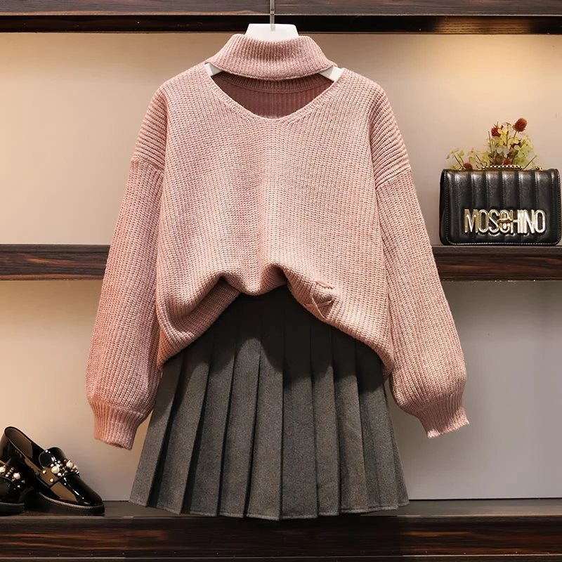

Large size 2018 autumn and winter new hanging neck sweaters Pleated skirt two-piece fashion Lantern sleeve sweaters dress