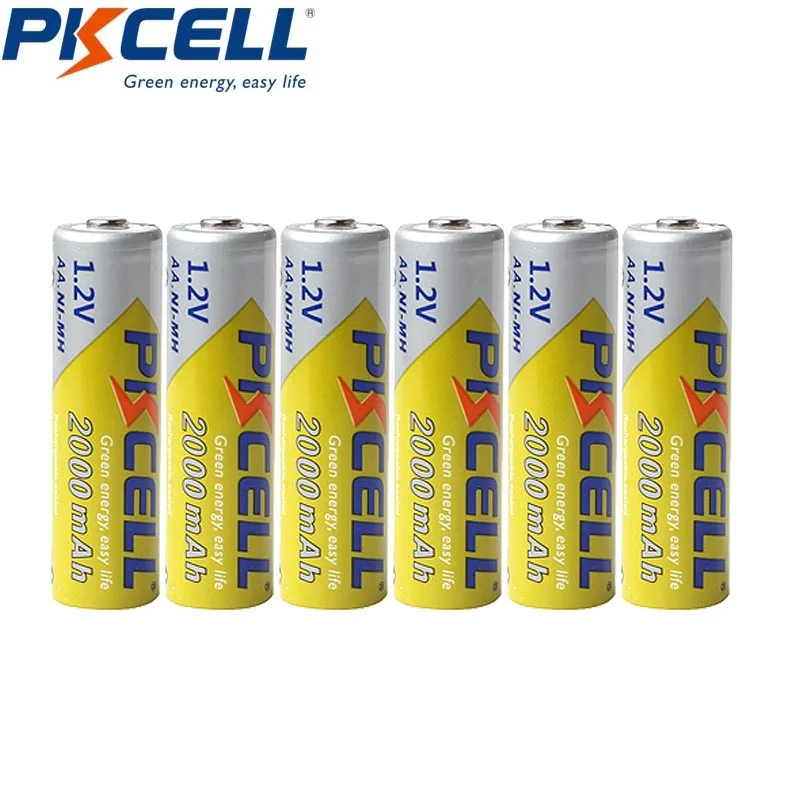 6 шт. PKCELL AA 2000 мАч никель-металл-гидридного Батарея 1 2 V Перезаряжаемые батареи