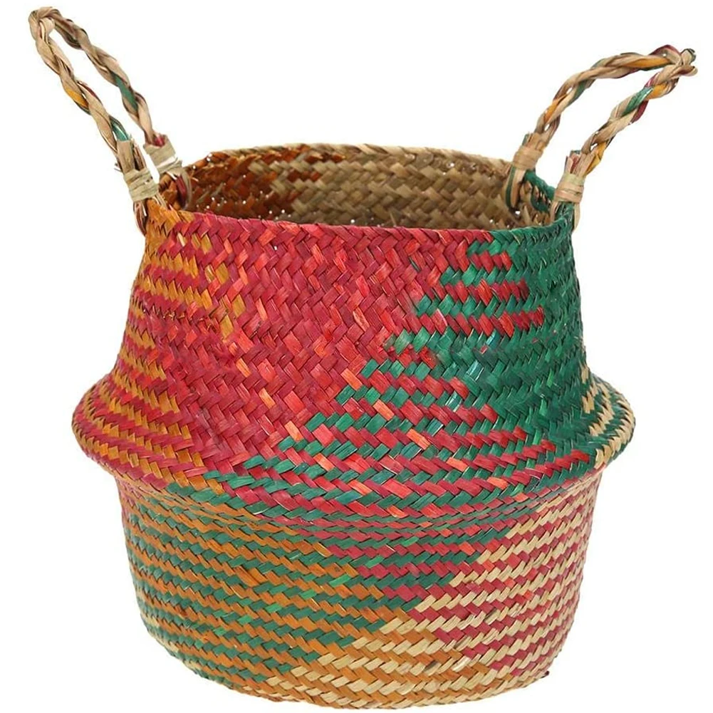 

Seagrass Belly Storage Basket with Handles Woven Foldable Storage Pot Plant Basin Cover for Laundry Groceries Picnic Beach Bag