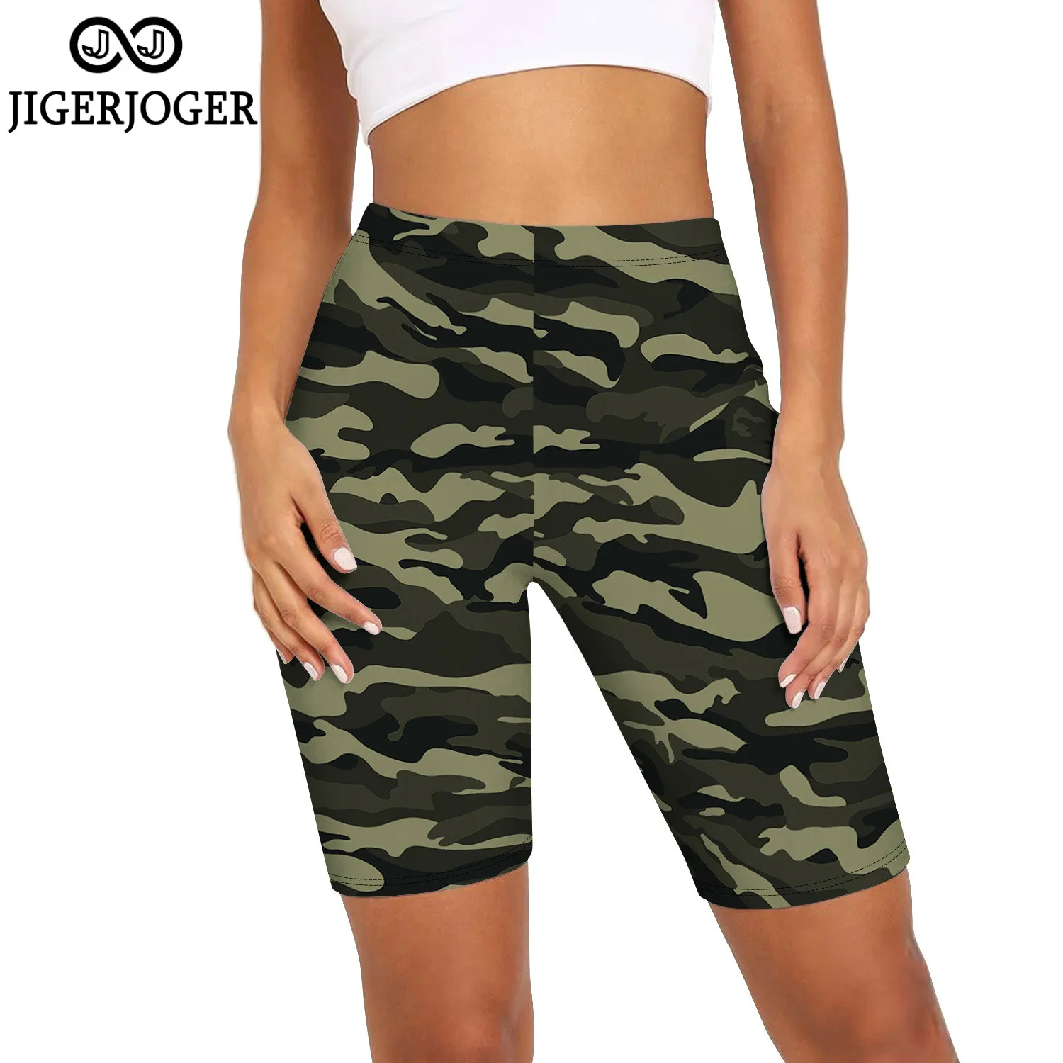 JIGERJOGER Dark Camo camouflag printed tight shorts womens workout