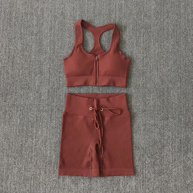 Seamless Women Yoga Set Workout Sportswear Gym Clothing Zipper Long Sleeve High Waist Leggings Fitness Bra Athletic Sports Suits BraShortsBrown