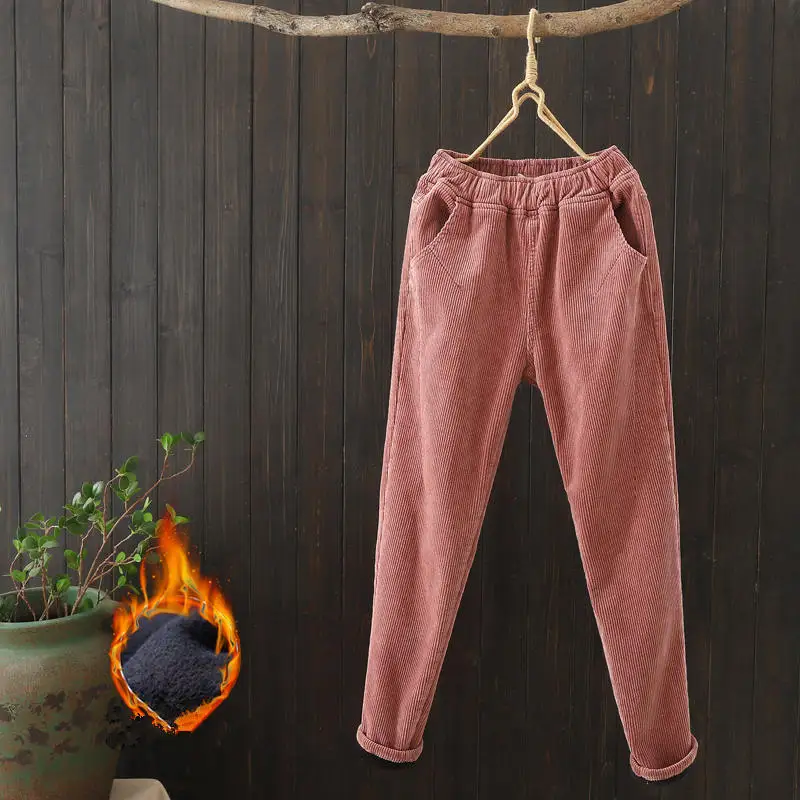 pink plus velvet Осенне-зимние женские длинные брюки больших размеров XXXL вельветовые брюки женские брюки с эластичной резинкой на талии женские бархатные шаровары HK160 - Цвет: pink plus velvet