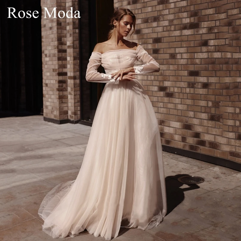 

Rose Moda Cut Out V Neck Beach Wedding Dress with Removable Off Shoulder Long Sleeves Jacket Custom Make