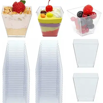 

100ocs 60ML Transparent Dessert Cups Hard Plastic Square Dessert Cups Kitchen Shop Portion Cups For Jelly Yogurt Mousses Dessert