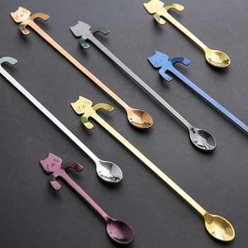 

Cute Cat Handles Hang Coffee Spoons Cartoon Cat Stainless Steel Ice Cream Cocktail Teaspoons Vajilla Coffee Soup Spoons EE6DC