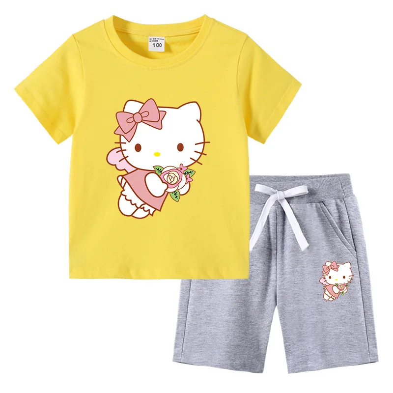 thumbnail image 1 of Conjunto de camiseta de manga corta para niños de Hello Kitty, ropa de algodón para bebés, pantalones cortos de media manga para niños y niñas, traje de dos piezas, 1 of 5