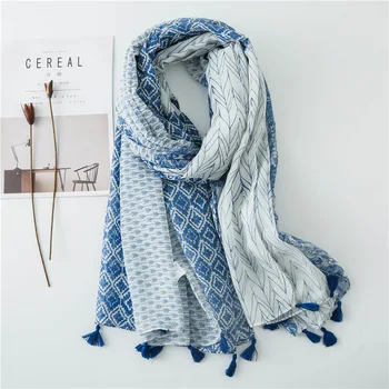 

Voile Blue Feather Long Scarves 2019 Fashion Shaw Hijab Tropical Print Beach Dress Top Summer Scarf for Women